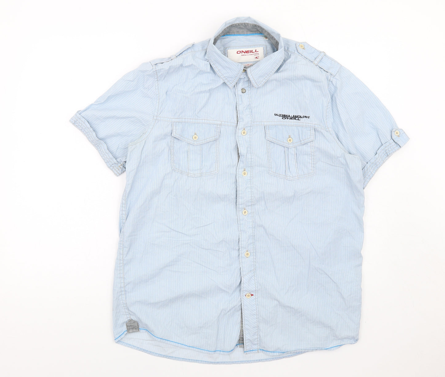O'Neill Mens Blue Striped Cotton Button-Up Size M Collared Button