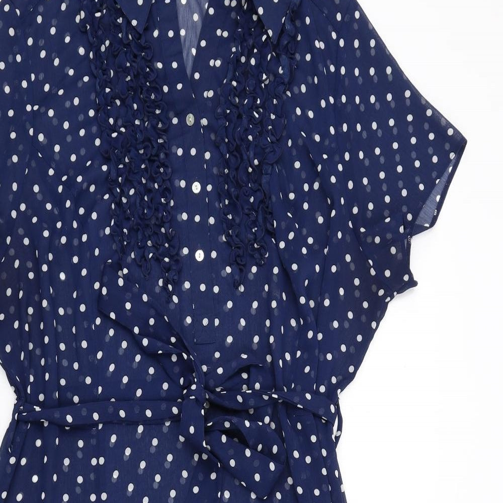 Joanna Hope Womens Blue Polka Dot Polyester A-Line Size 22 Collared Button - Ruffle