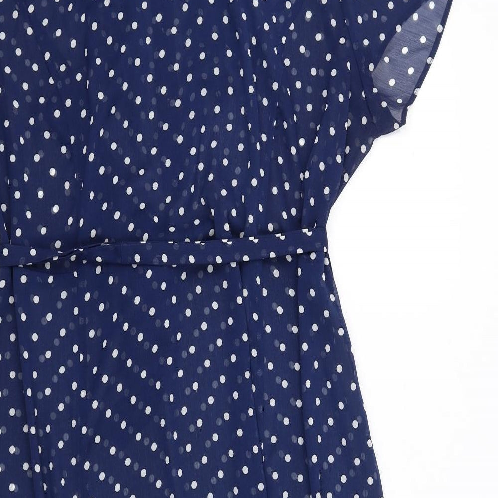 Joanna Hope Womens Blue Polka Dot Polyester A-Line Size 22 Collared Button - Ruffle