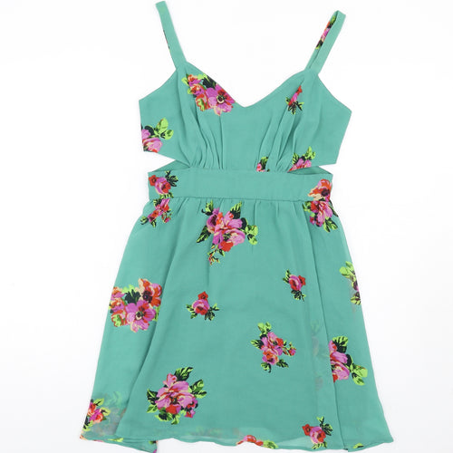 ASOS Womens Green Floral Polyester A-Line Size 10 V-Neck Zip - Cut Out