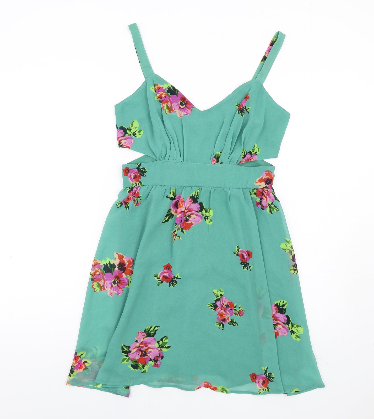 ASOS Womens Green Floral Polyester A-Line Size 10 V-Neck Zip - Cut Out