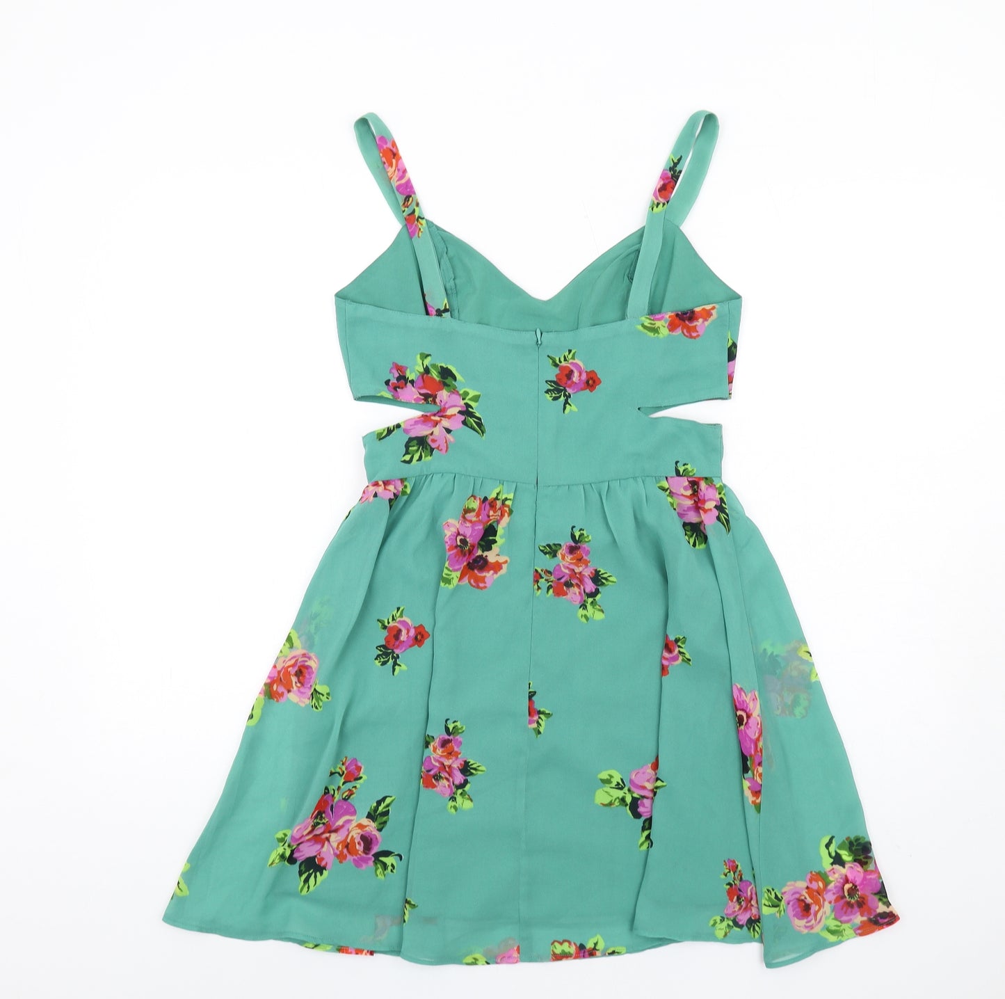 ASOS Womens Green Floral Polyester A-Line Size 10 V-Neck Zip - Cut Out