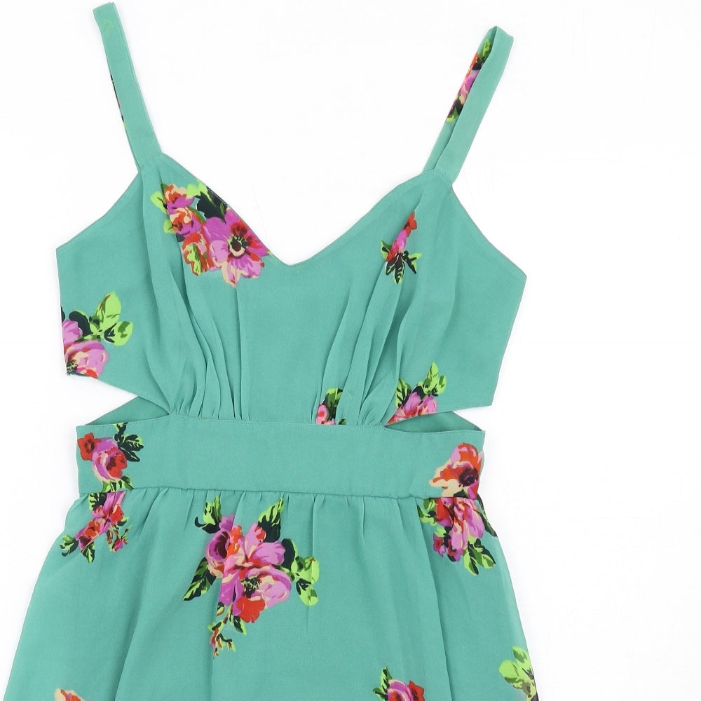 ASOS Womens Green Floral Polyester A-Line Size 10 V-Neck Zip - Cut Out