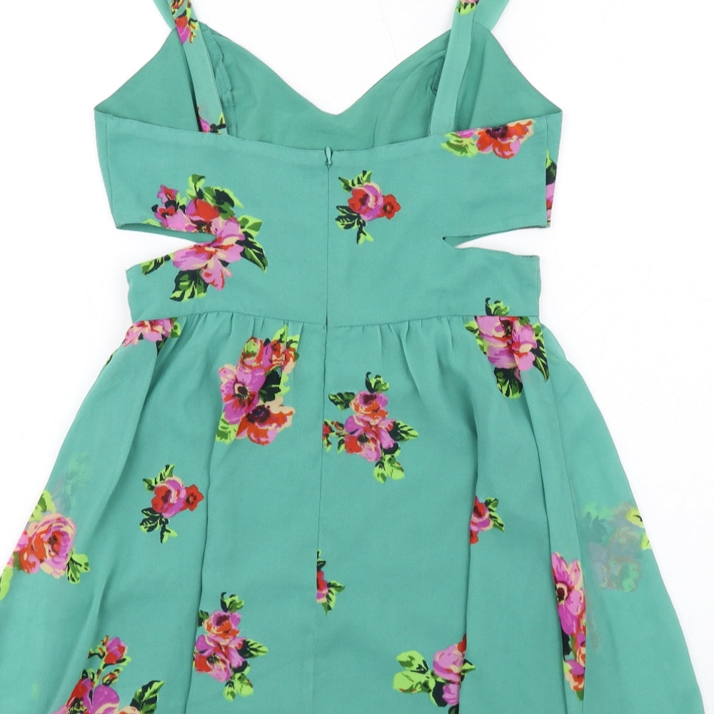 ASOS Womens Green Floral Polyester A-Line Size 10 V-Neck Zip - Cut Out