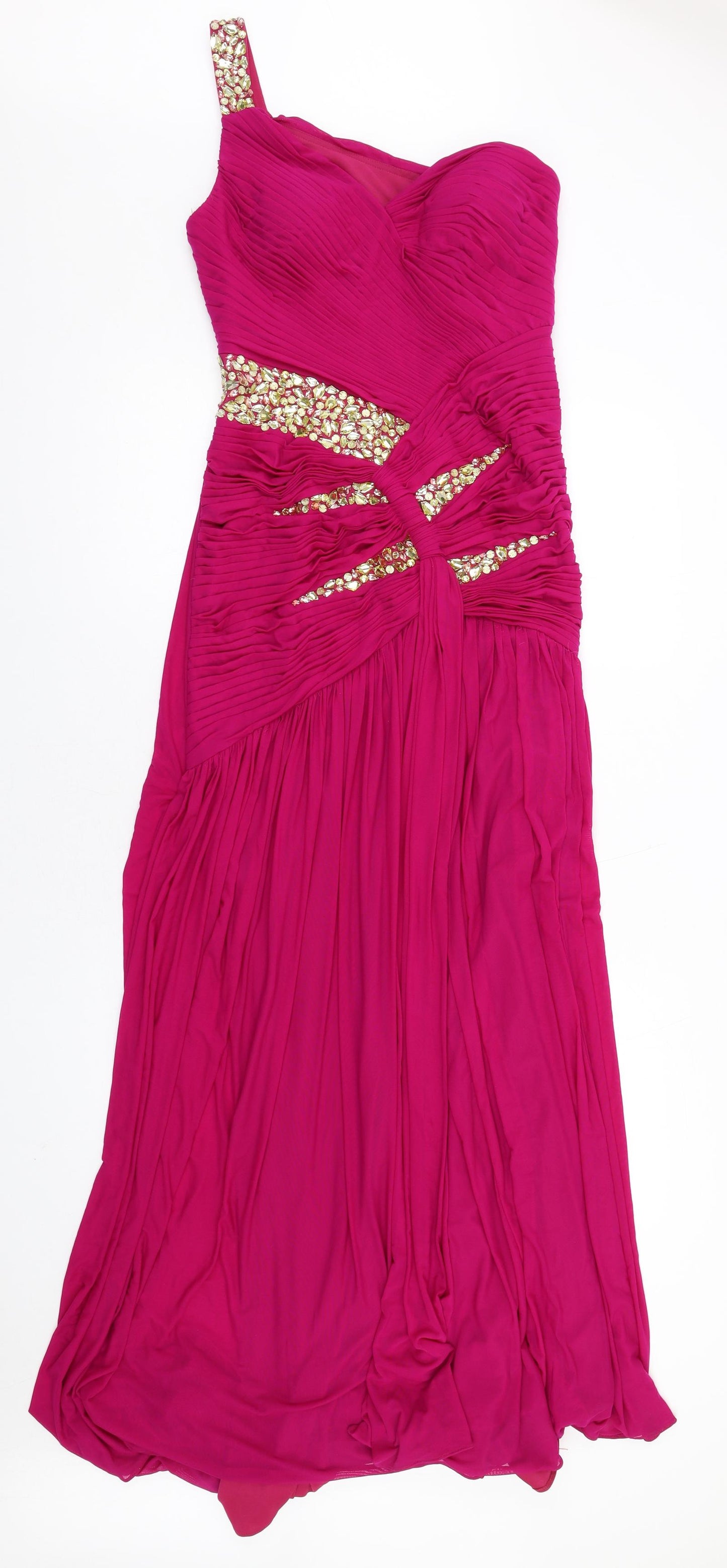 Terani Couture Womens Pink Polyester Maxi Size 8 One Shoulder Zip - Beaded Open back