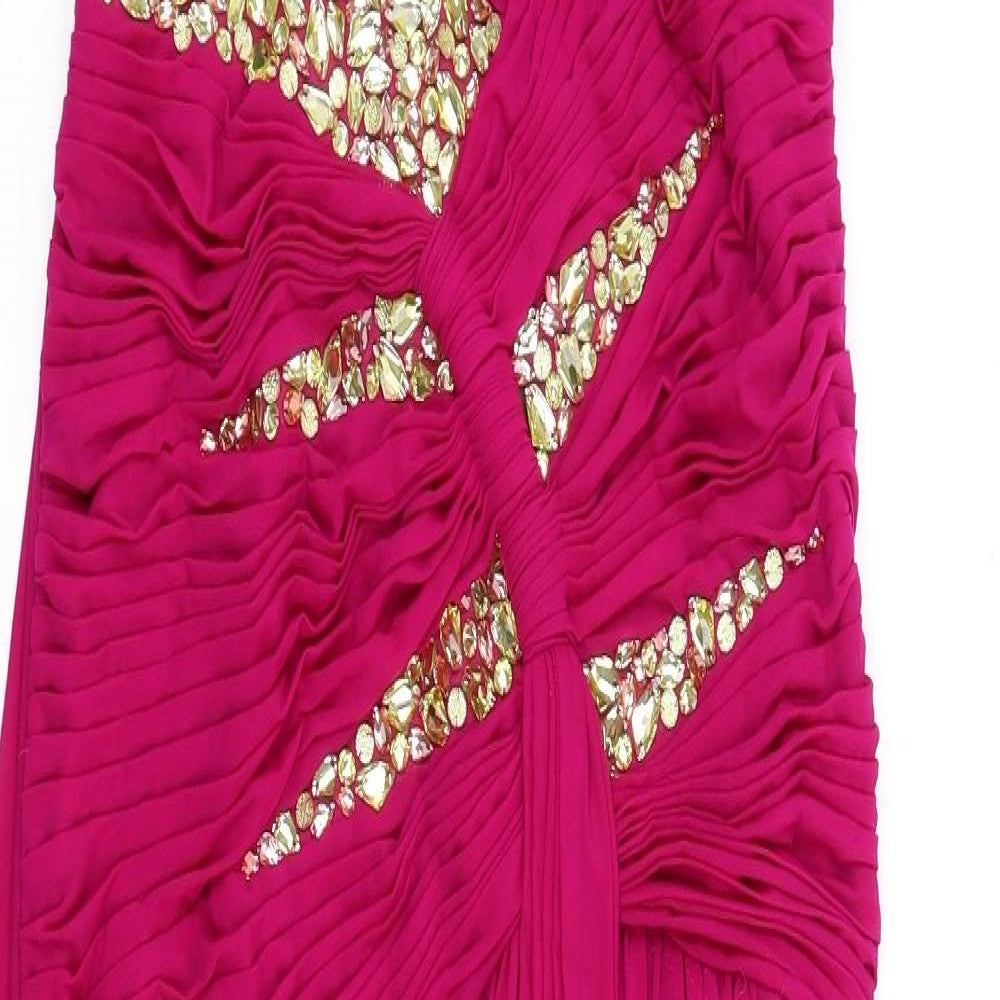Terani Couture Womens Pink Polyester Maxi Size 8 One Shoulder Zip - Beaded Open back