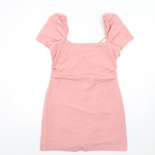 Zara Womens Pink Cotton A-Line Size L Square Neck Zip - Puff Sleeve Open back