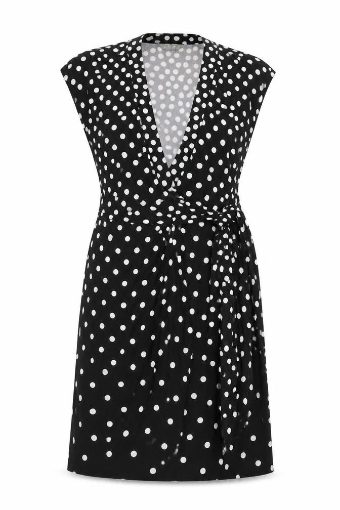 Front view of Jacqui E women’s black polka dot polyester a-line, size XS, v-neck pullover