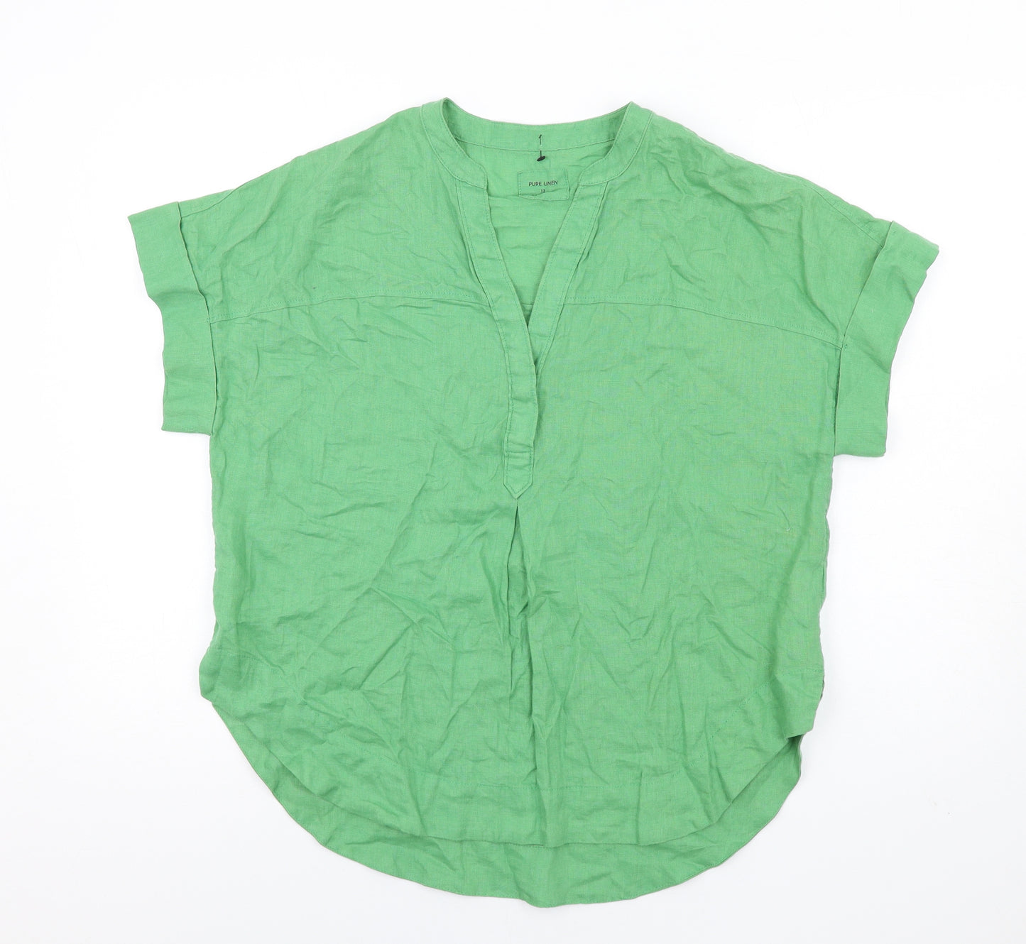Marks and Spencer Womens Green Linen Basic Blouse Size 12 V-Neck