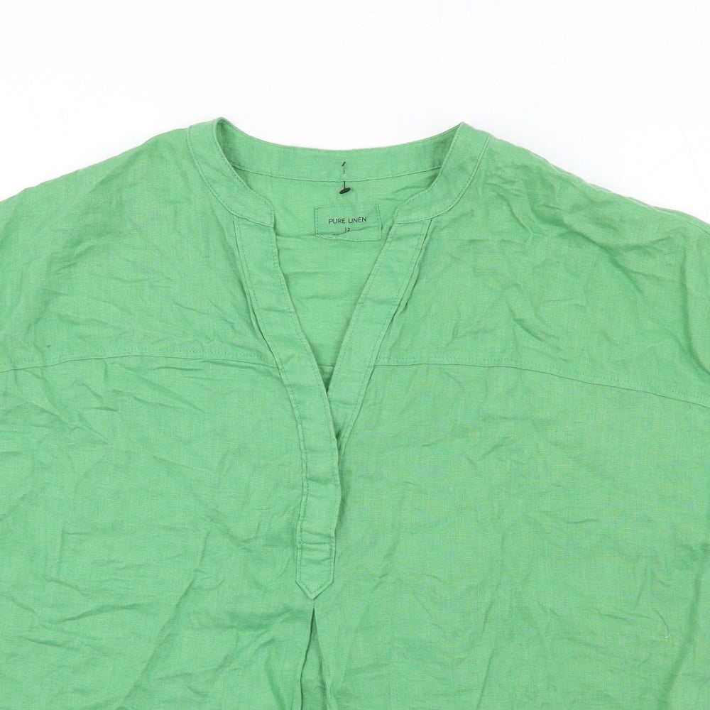 Marks and Spencer Womens Green Linen Basic Blouse Size 12 V-Neck