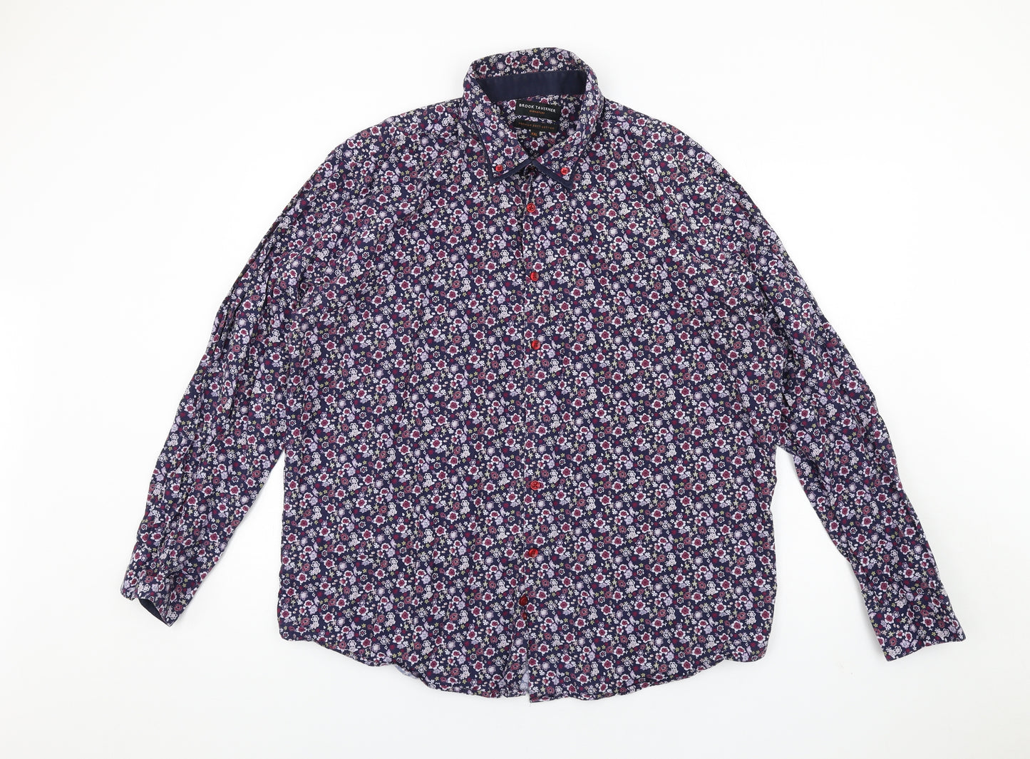 Brook Taverner Mens Purple Floral Cotton Button-Up Size 2XL Collared Button