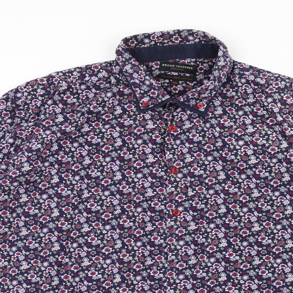 Brook Taverner Mens Purple Floral Cotton Button-Up Size 2XL Collared Button