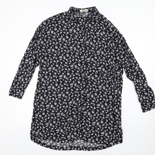 Pull&Bear Womens Blue Floral Viscose Shirt Dress Size L Collared Button