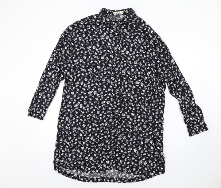 Pull&Bear Womens Blue Floral Viscose Shirt Dress Size L Collared Button