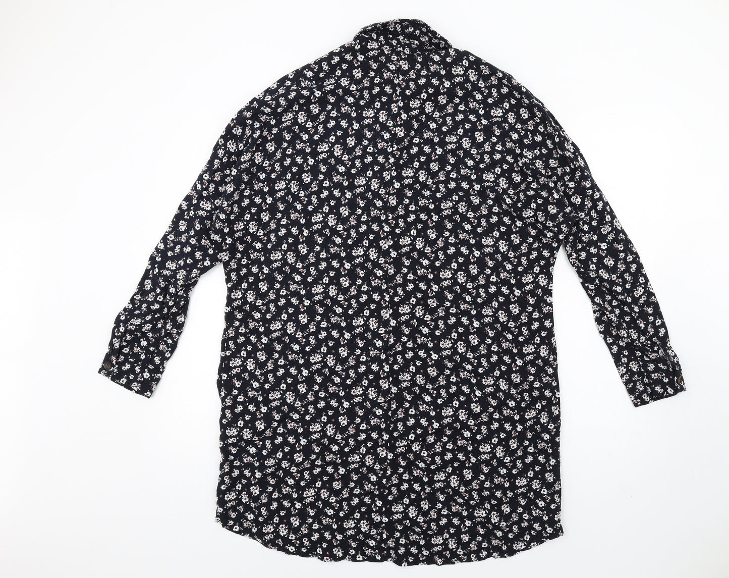 Pull&Bear Womens Blue Floral Viscose Shirt Dress Size L Collared Button