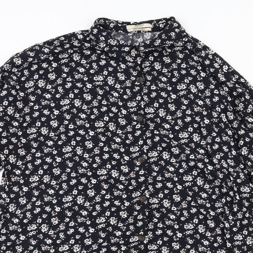 Pull&Bear Womens Blue Floral Viscose Shirt Dress Size L Collared Button