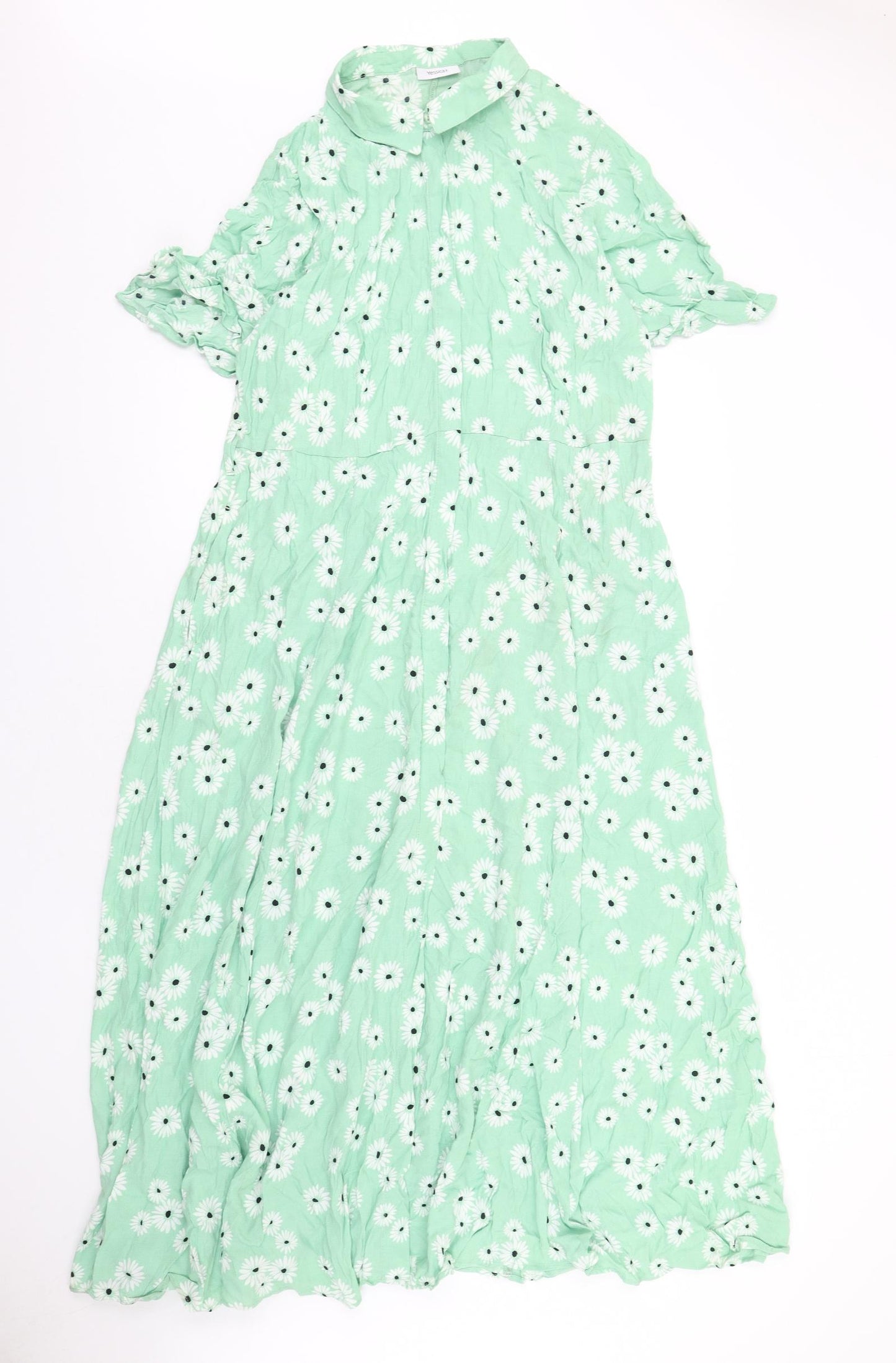 Yessica Womens Green Floral Viscose A-Line Size 18 Collared Button