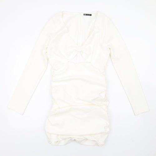 Zara Womens Ivory Polyester Bodycon Size L V-Neck Zip - Ruched