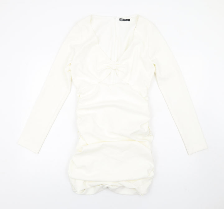 Zara Womens Ivory Polyester Bodycon Size L V-Neck Zip - Ruched