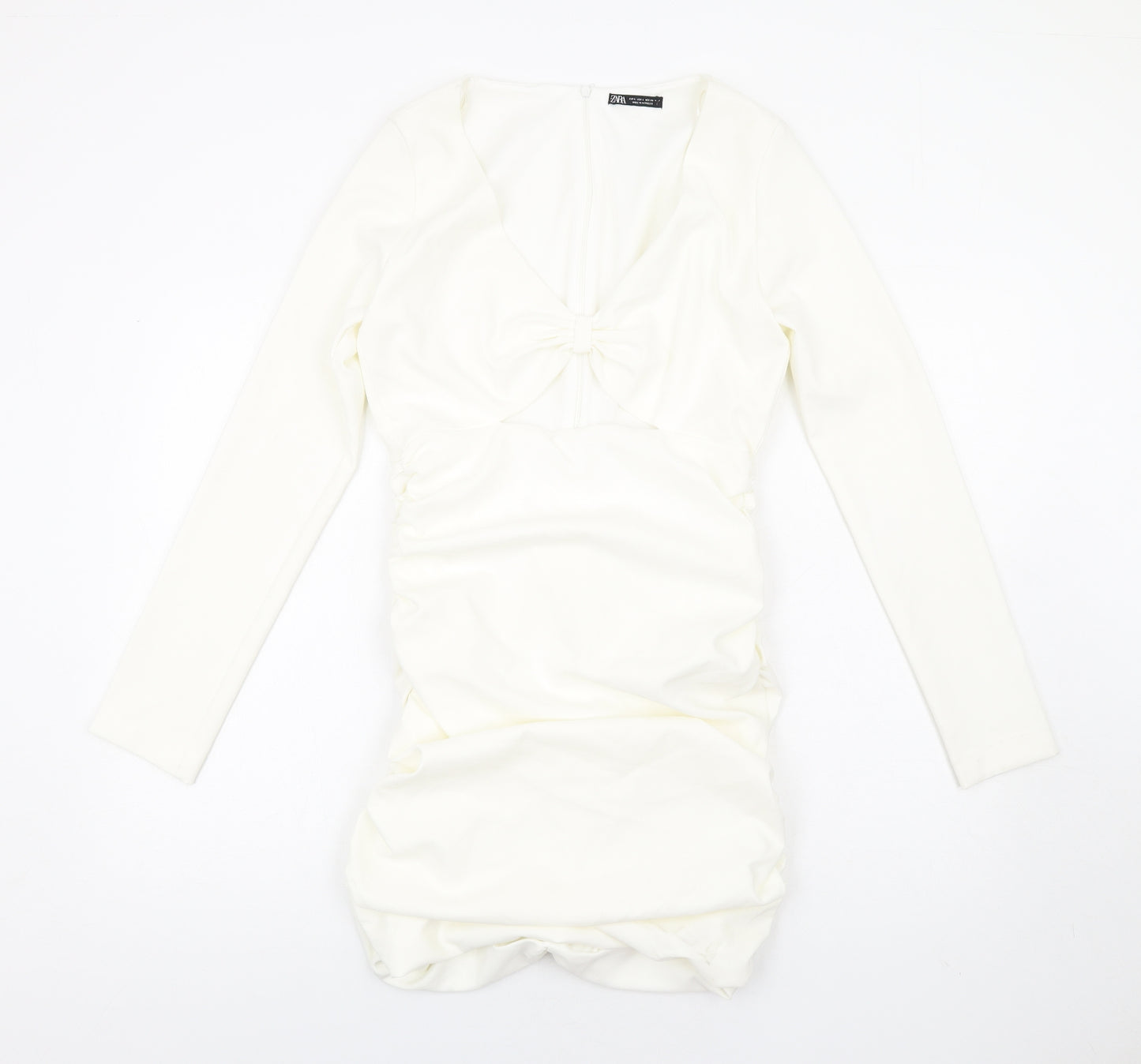 Zara Womens Ivory Polyester Bodycon Size L V-Neck Zip - Ruched