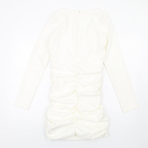 Zara Womens Ivory Polyester Bodycon Size L V-Neck Zip - Ruched