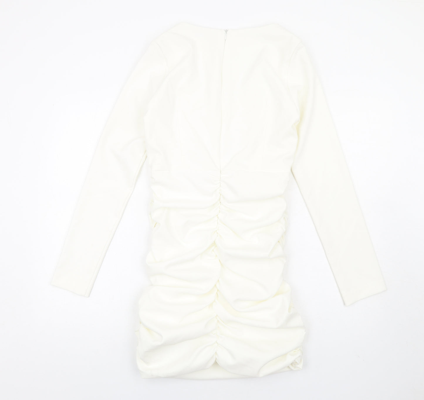 Zara Womens Ivory Polyester Bodycon Size L V-Neck Zip - Ruched