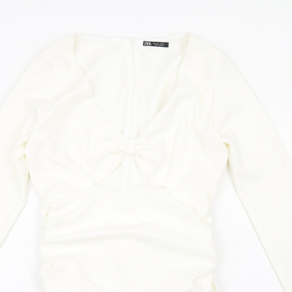 Zara Womens Ivory Polyester Bodycon Size L V-Neck Zip - Ruched