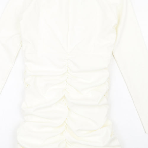 Zara Womens Ivory Polyester Bodycon Size L V-Neck Zip - Ruched