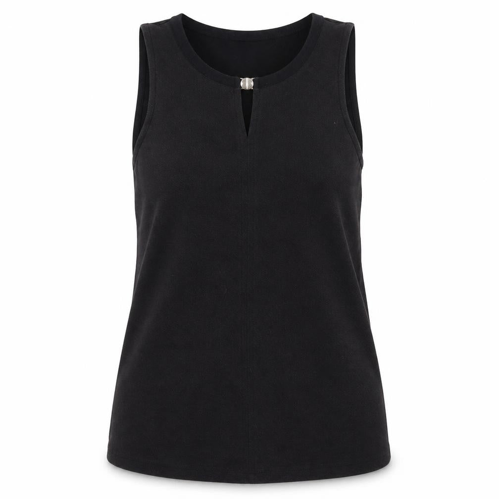 Front view of Fransa women’s black viscose basic tank, size S, round neck - keyhole neck