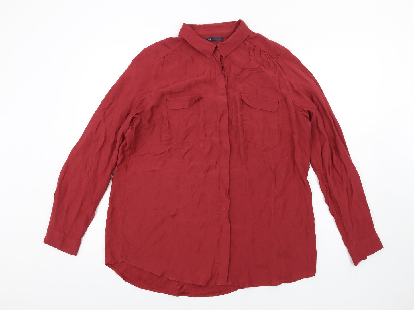 Marks and Spencer Womens Red Viscose Basic Button-Up Size 16 Collared