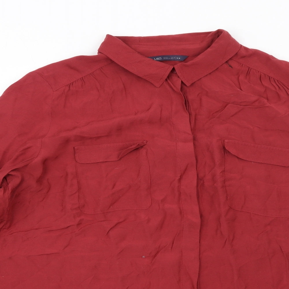Marks and Spencer Womens Red Viscose Basic Button-Up Size 16 Collared