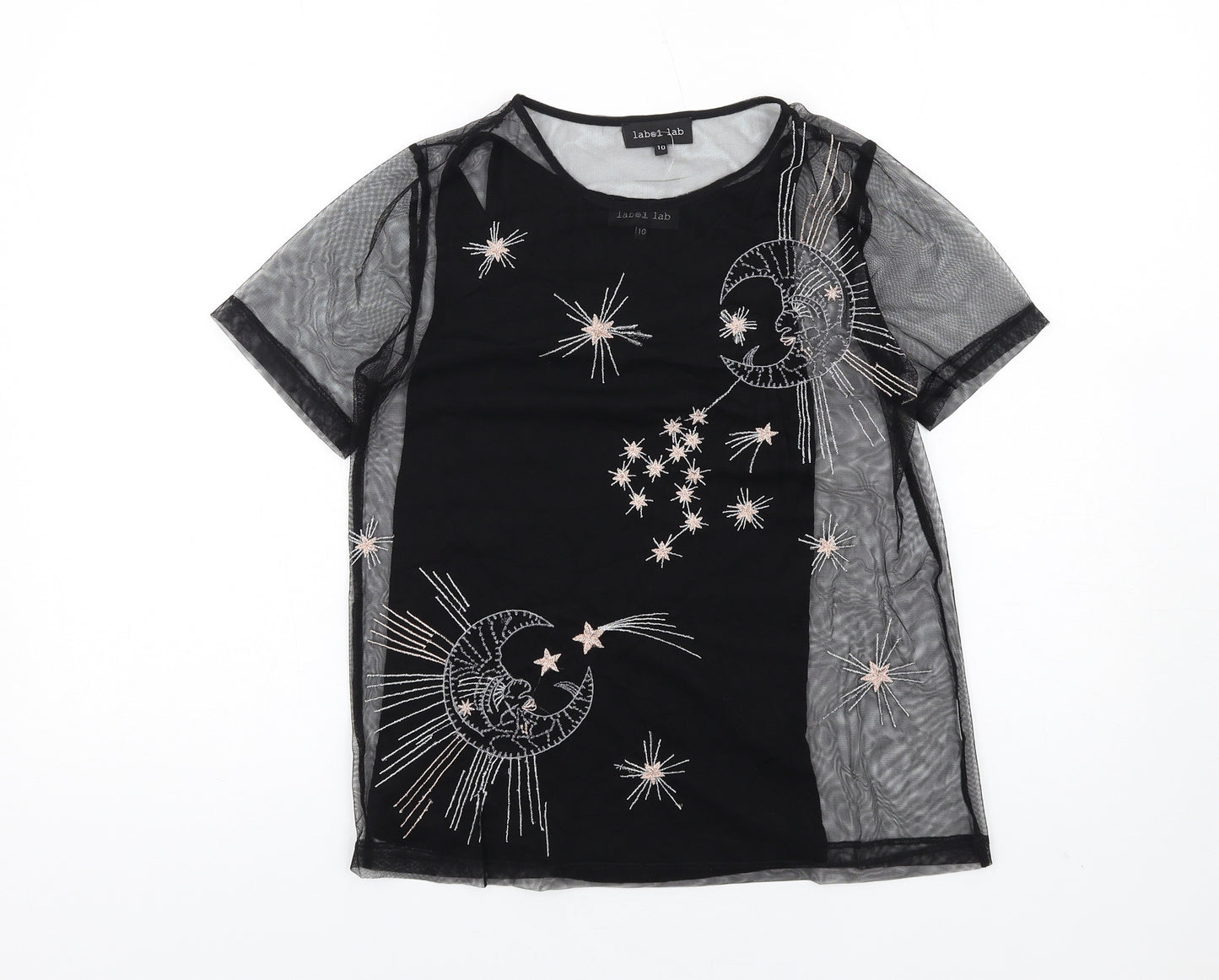 Label Lab Womens Black Polyester Basic T-Shirt Size 10 Round Neck - Moon and Stars