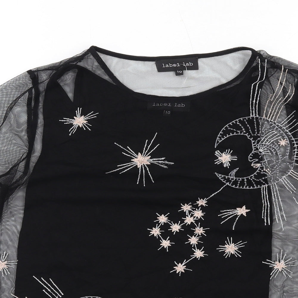 Label Lab Womens Black Polyester Basic T-Shirt Size 10 Round Neck - Moon and Stars