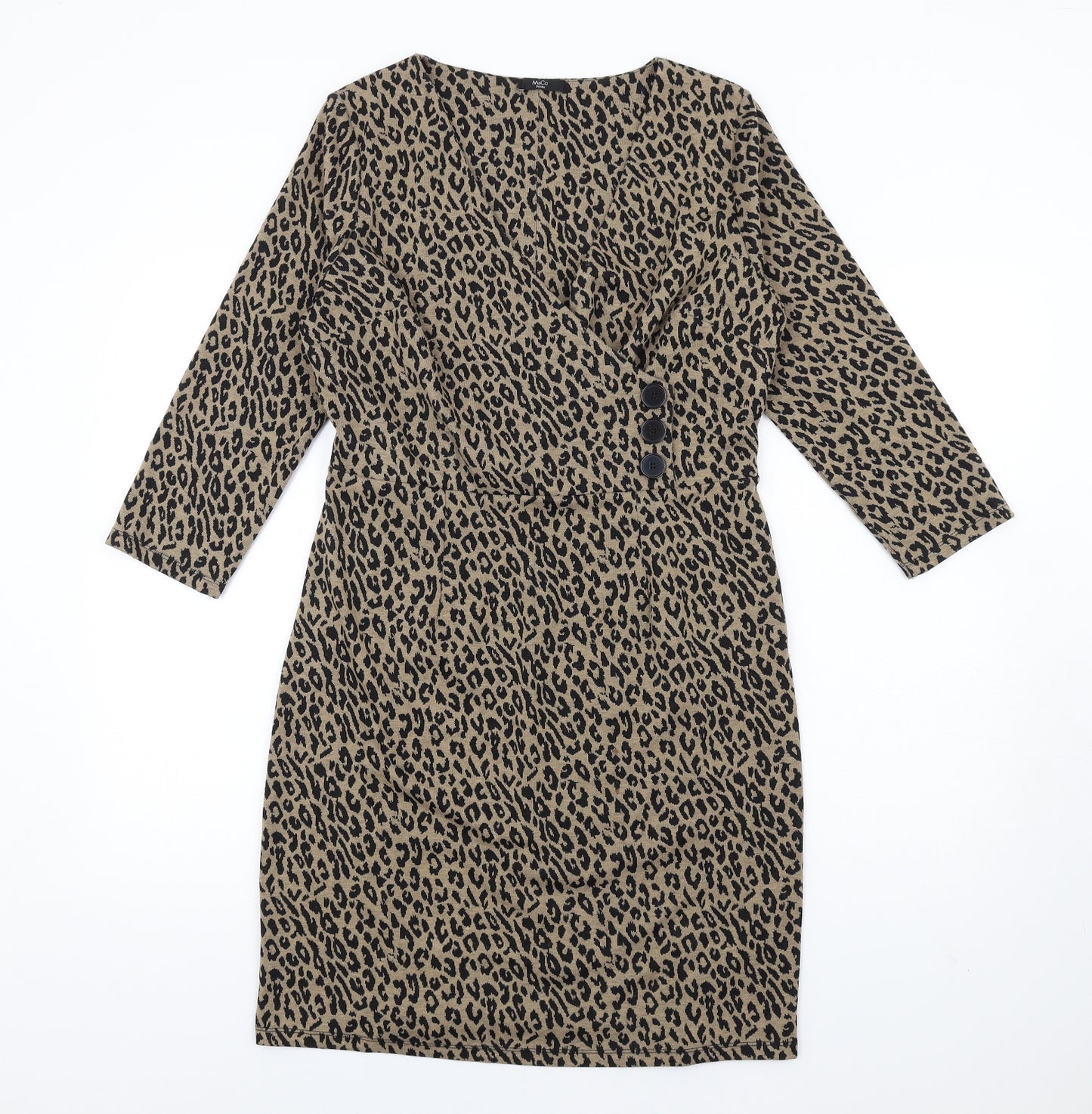 M&Co Womens Brown Animal Print Polyester Bodycon Size 12 V-Neck Pullover - Leopard Print