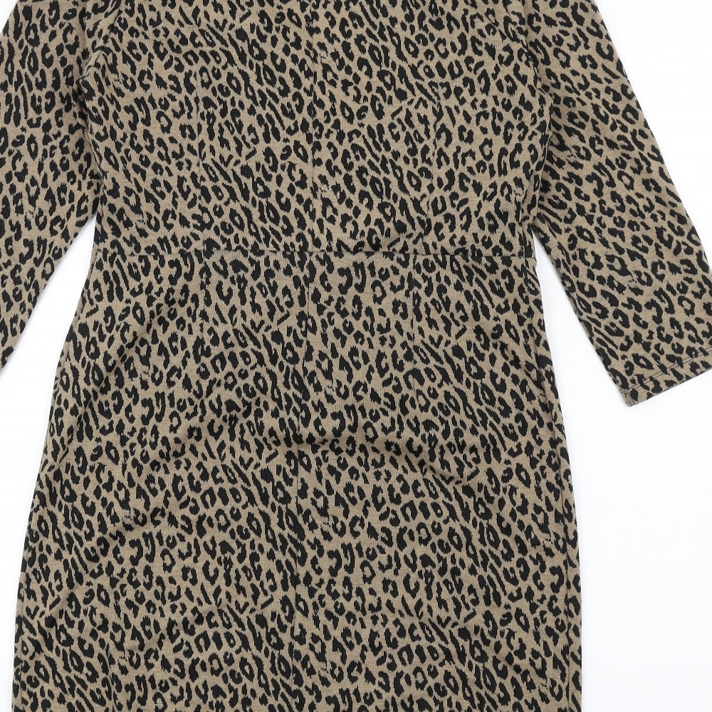 M&Co Womens Brown Animal Print Polyester Bodycon Size 12 V-Neck Pullover - Leopard Print