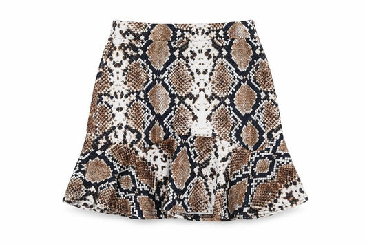 Front view of Nasty Gal women’s brown animal print polyester trumpet skirt, size UK 8, - snake print