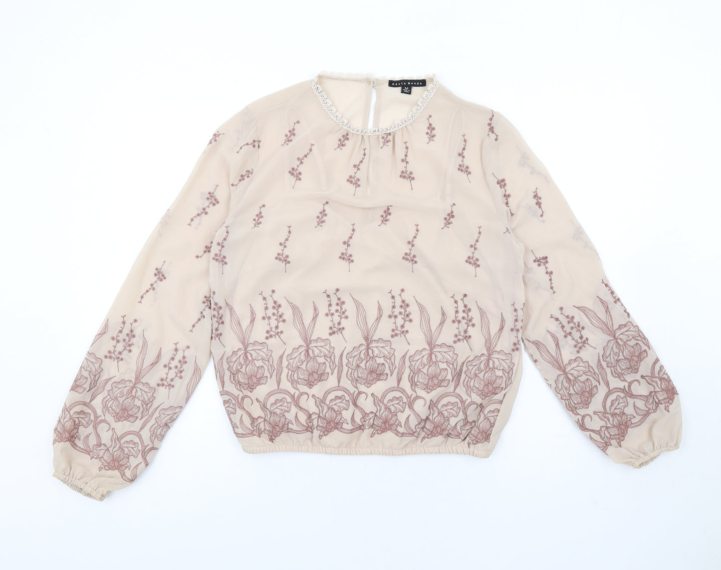 Haute Monde Womens Beige Polyester Basic Blouse Size M Round Neck - Embroidered Lace Neck Trim