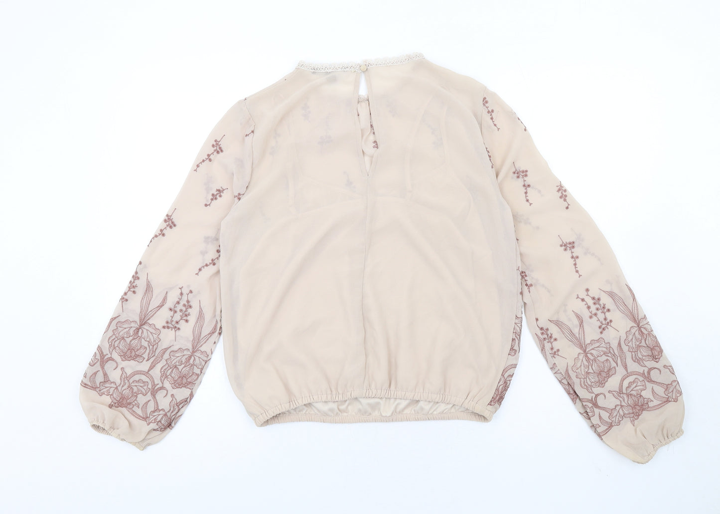 Haute Monde Womens Beige Polyester Basic Blouse Size M Round Neck - Embroidered Lace Neck Trim