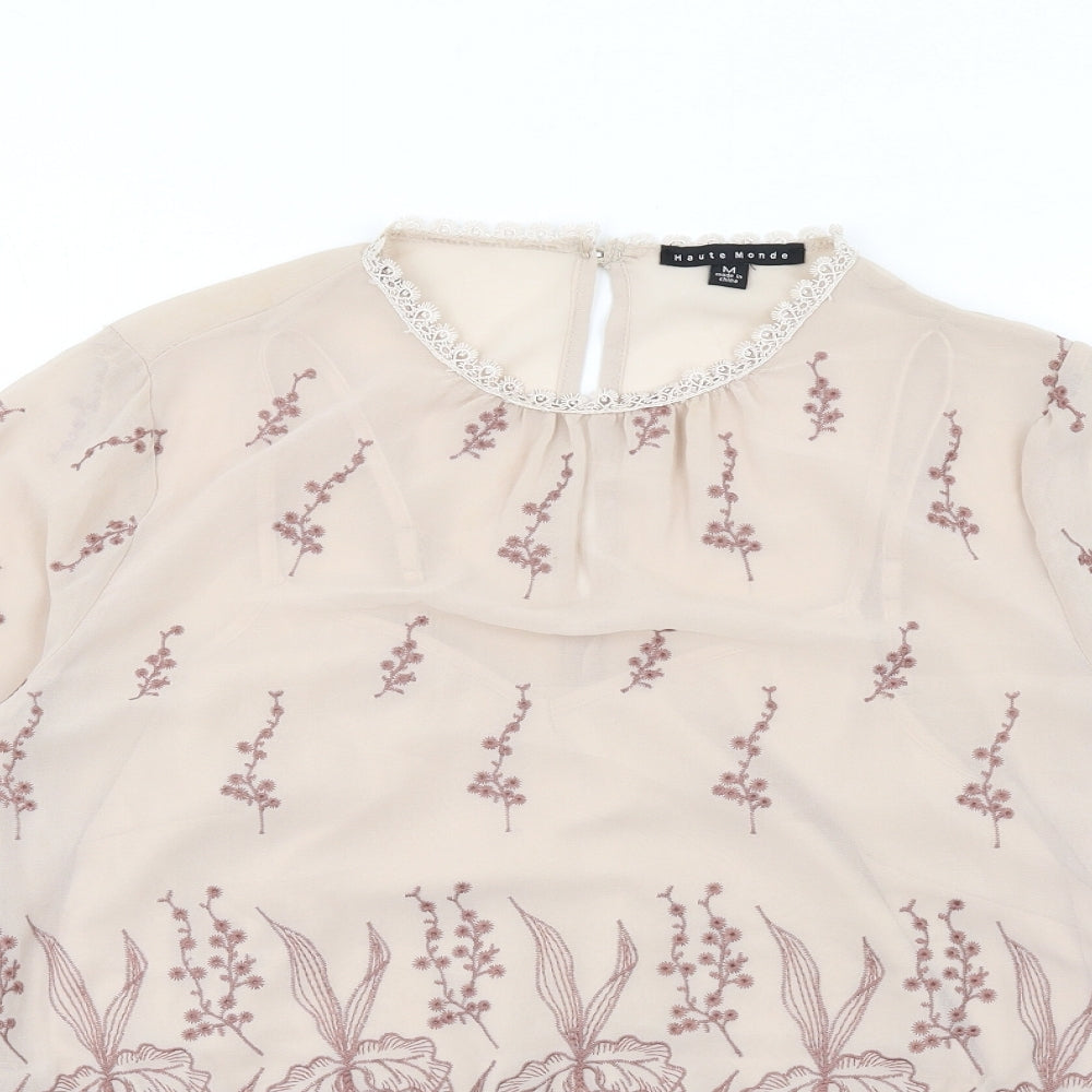 Haute Monde Womens Beige Polyester Basic Blouse Size M Round Neck - Embroidered Lace Neck Trim