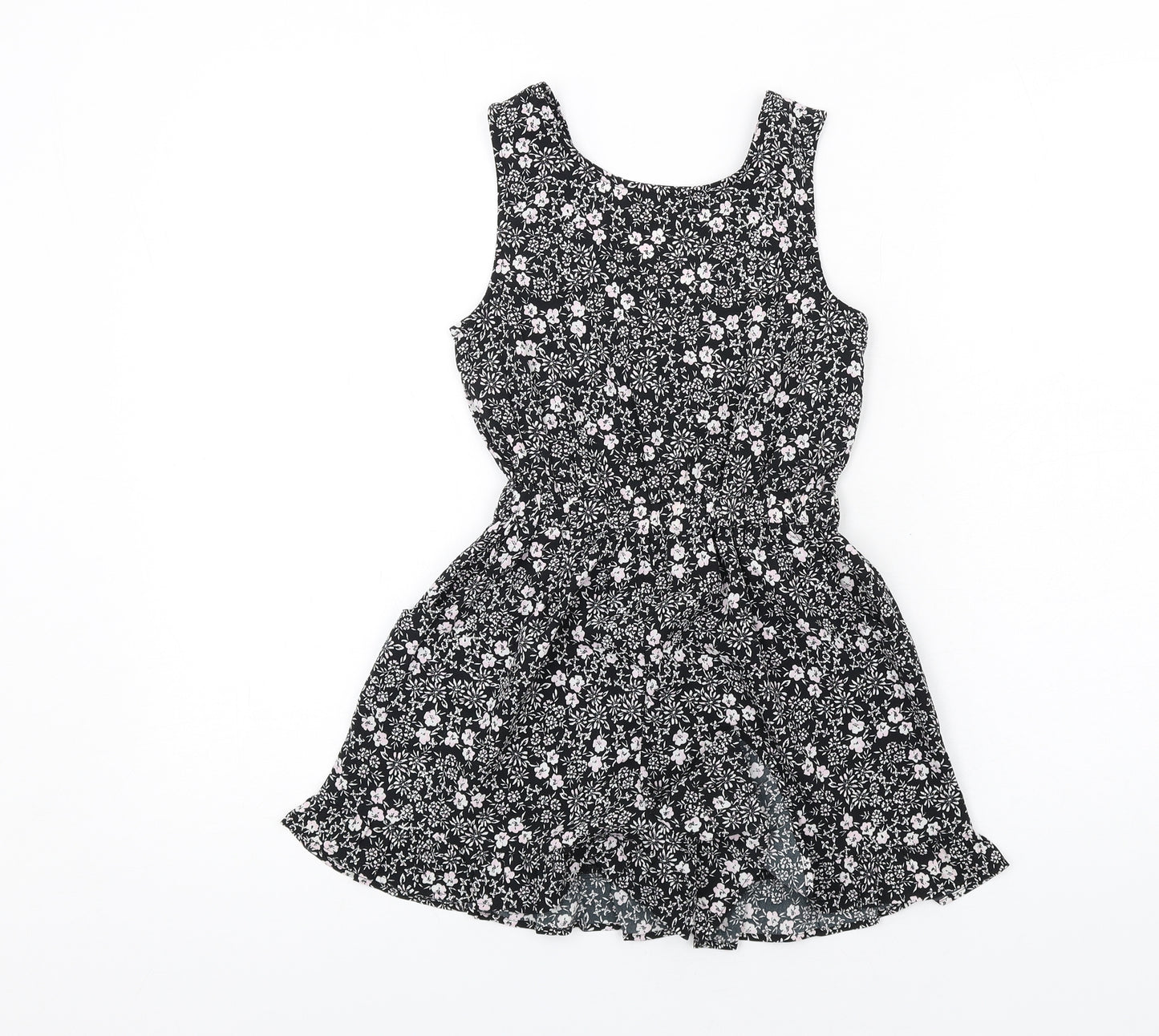NEXT Girls Black Floral Polyester Playsuit One-Piece Size 7 Years Pullover - Ruffle Hem
