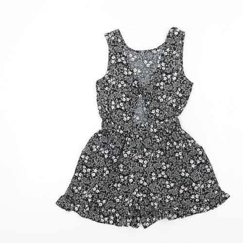 NEXT Girls Black Floral Polyester Playsuit One-Piece Size 7 Years Pullover - Ruffle Hem