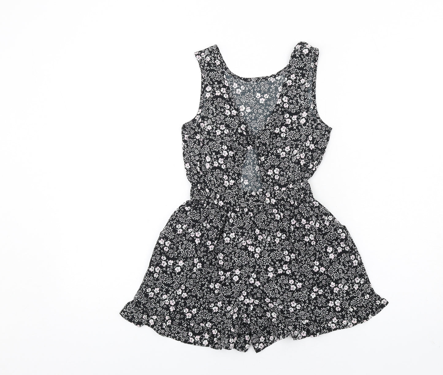 NEXT Girls Black Floral Polyester Playsuit One-Piece Size 7 Years Pullover - Ruffle Hem