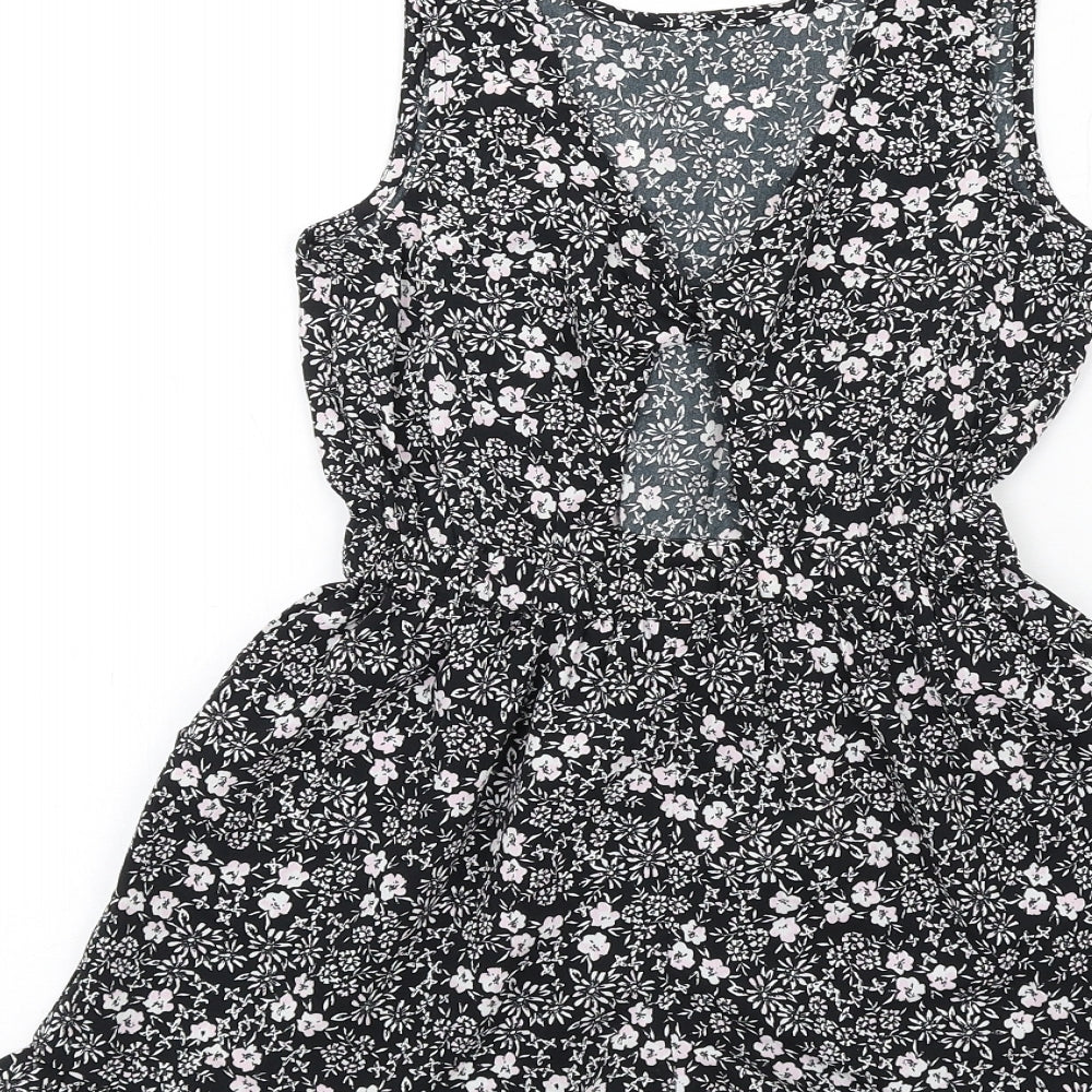 NEXT Girls Black Floral Polyester Playsuit One-Piece Size 7 Years Pullover - Ruffle Hem