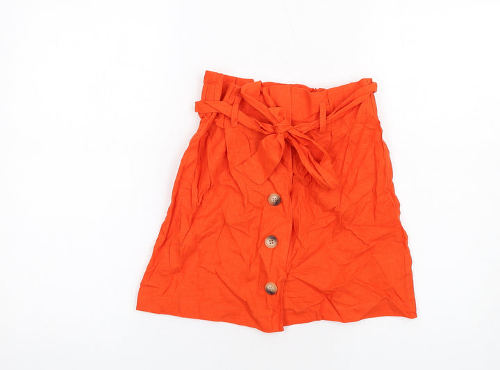Topshop Womens Orange Linen A-Line Skirt Size 6 Button