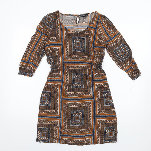 Groggy Womens Multicoloured Geometric Viscose A-Line Size S Scoop Neck Button