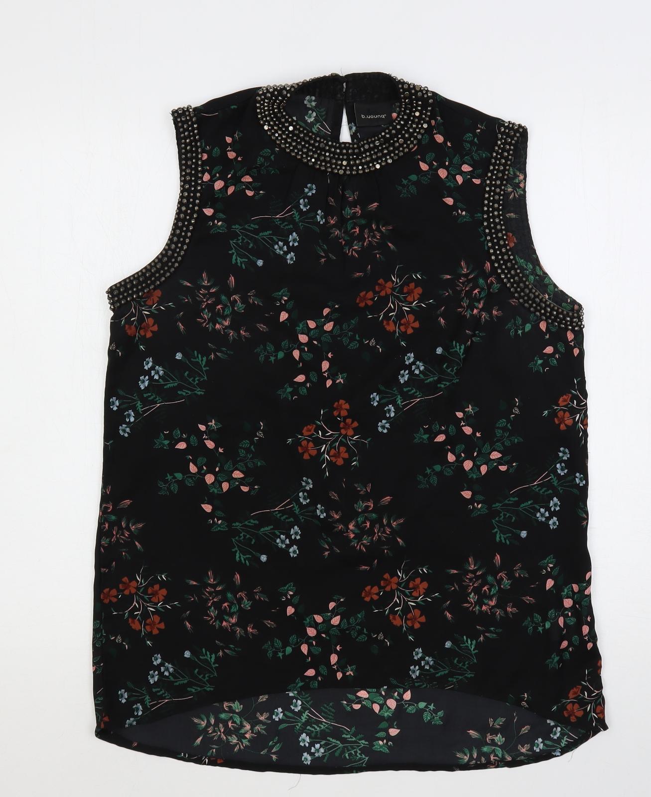 b.young Womens Black Floral Polyester Basic Blouse Size 10 Round Neck - Embellished