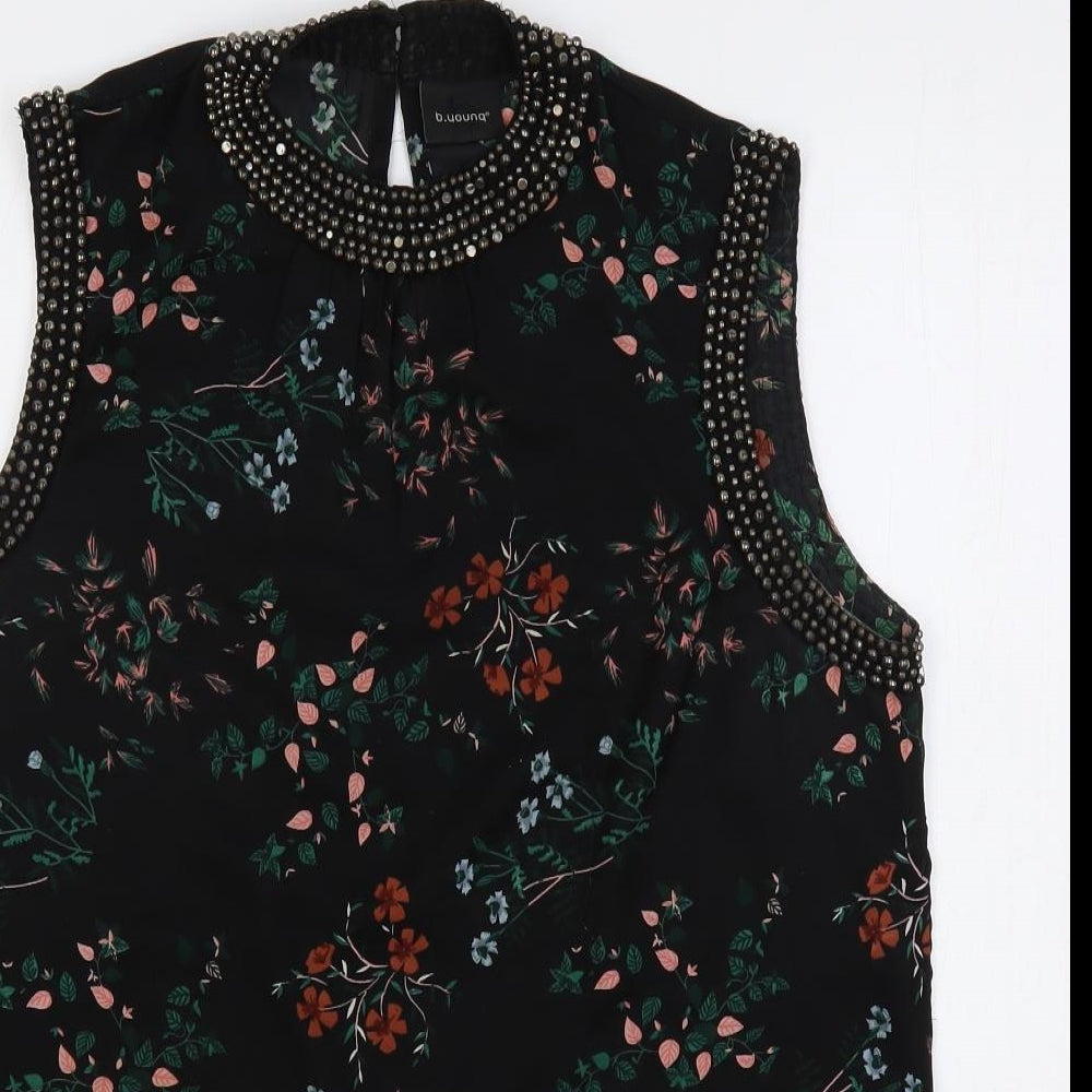 b.young Womens Black Floral Polyester Basic Blouse Size 10 Round Neck - Embellished
