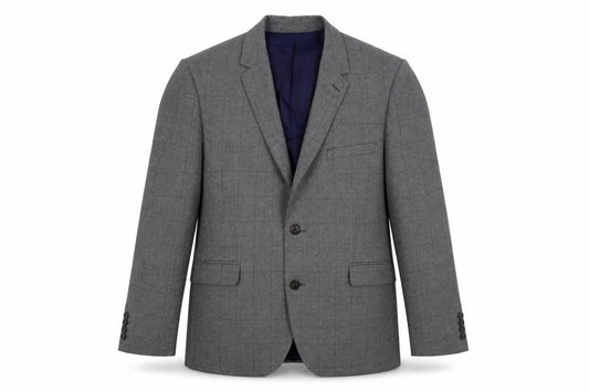 Front view of Marks & Spencer men’s grey plaid polyester jacket sport coat, size 46, regular