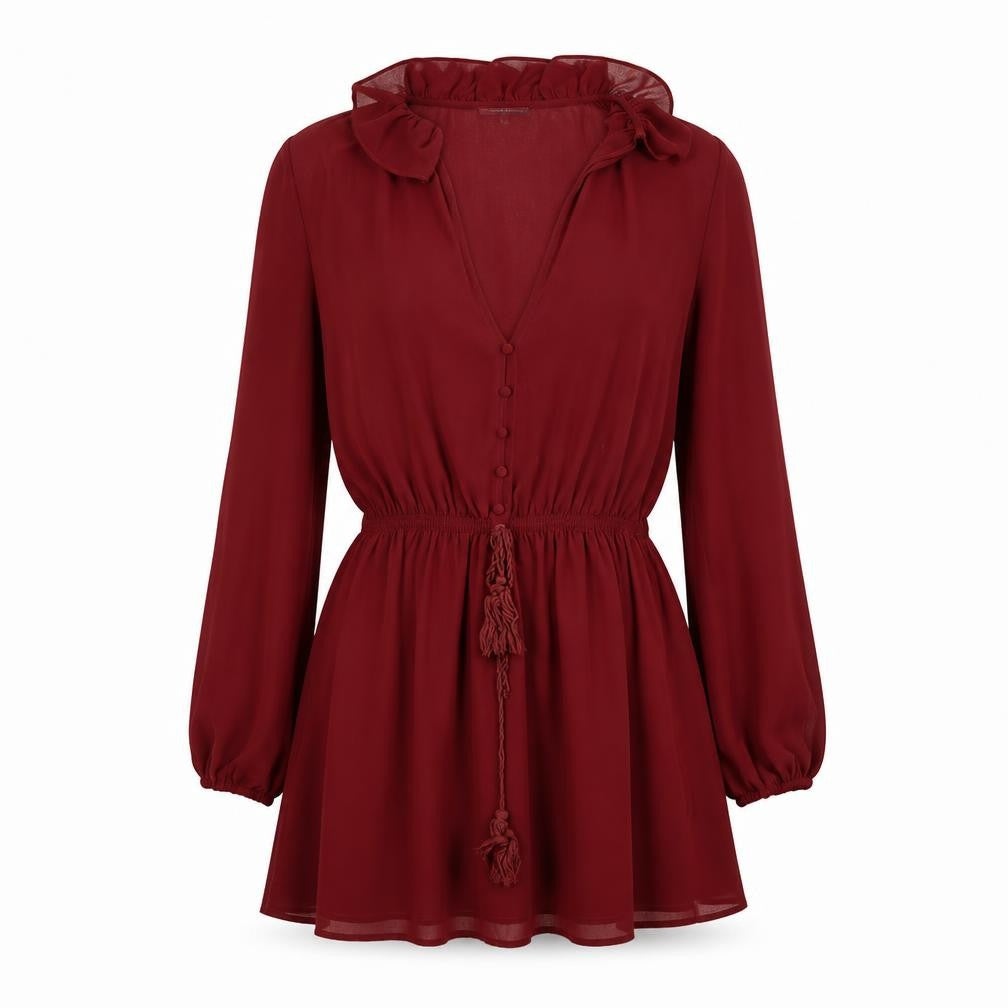 Front view of Limited Edition women’s red polyester mini, size UK 6, collared tie - sheer