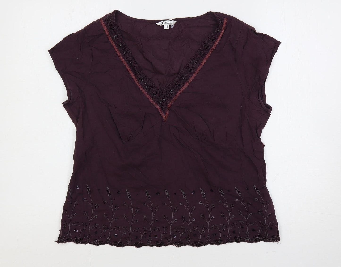 M&Co Womens Purple Cotton Basic Blouse Size 16 V-Neck - Embellished